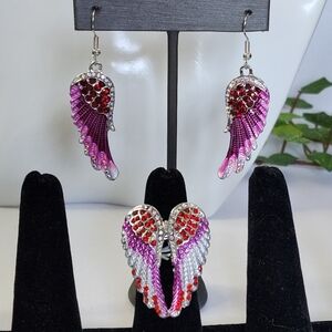 Silver Fuchsia Pink Angel Wings Ring & Earrings Set